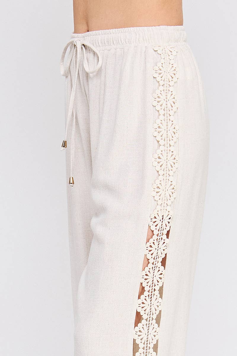 Allie Rose - Linen Blend Elastic Tie-Waist Wide Leg Pant: Natural