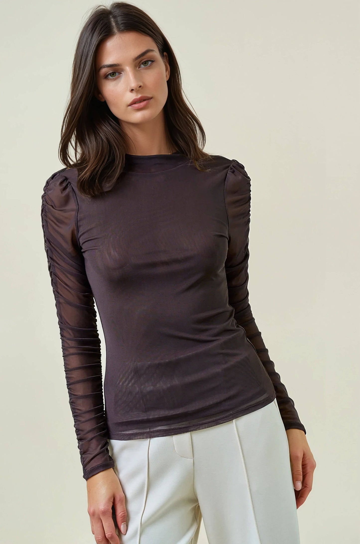 Doe and Rae - SEMI SHEER MOCK NECK LONG SLEEVE TEE - DARK CHOCOLATE
