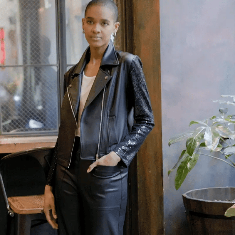 Clara Sunwoo - Sequin Knit - Liquid Leather ™ Sheen Moto Jacket: Black