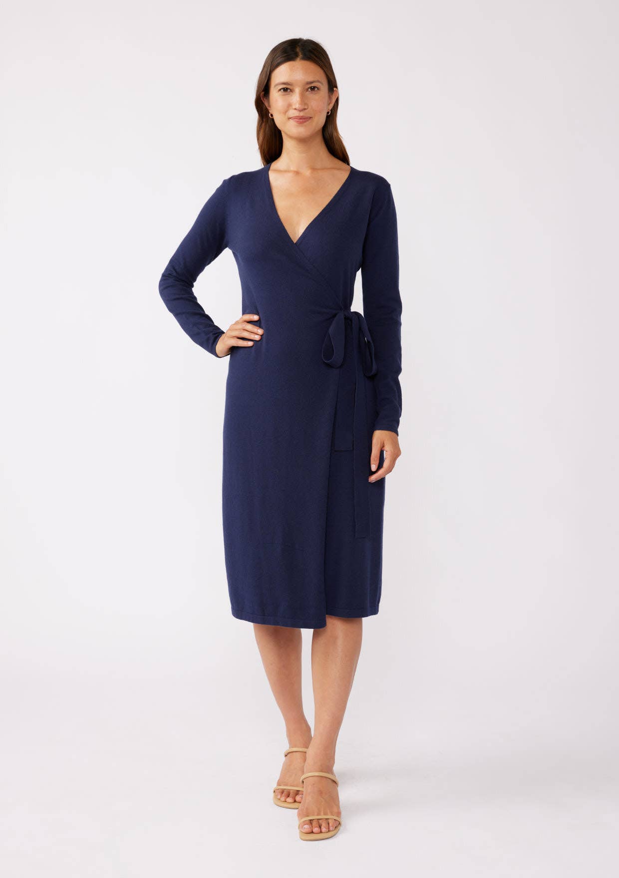 Long Sleeve Sweater Wrap Dress in Navy