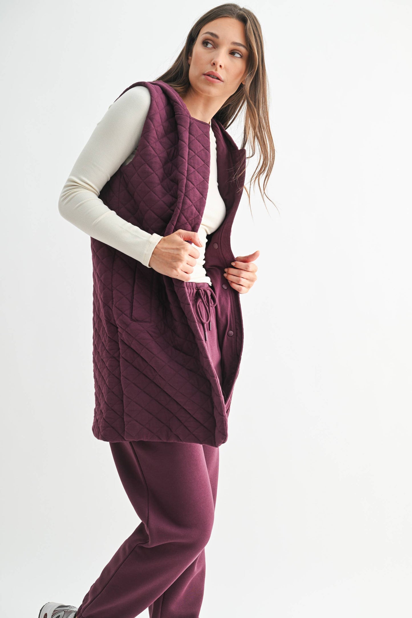 Mono B - Longline Quilted Cotton Blend Vest: DARK PLUM