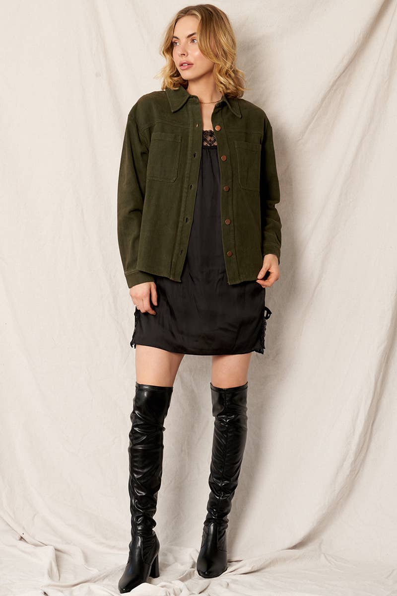 En Crème - Long Sleeve Denim Shirt Jacket: Olive