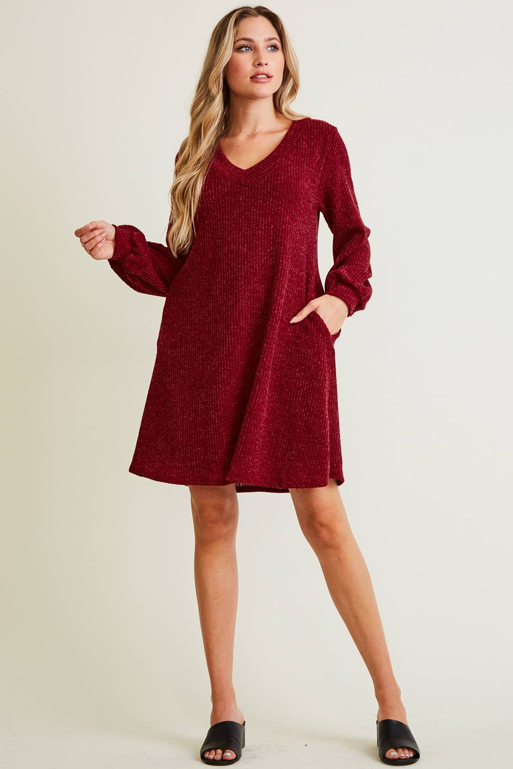 Saints & Hearts - WINE V-NECK RIB SWEATER DRESS