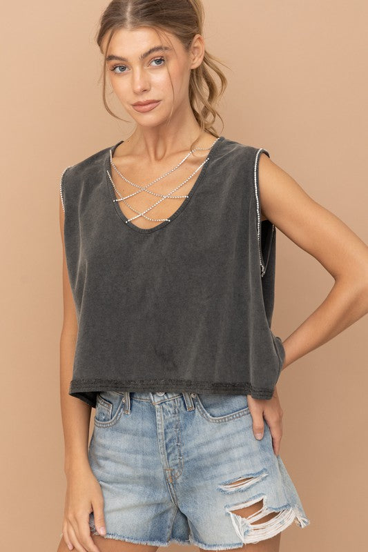 ONLINE ONLY!! Mineral Washed Rhinestone Tank