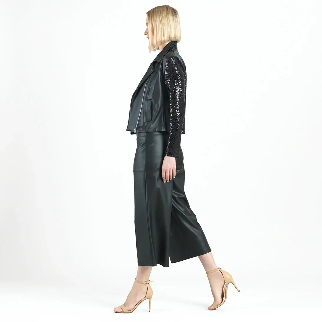 Clara Sunwoo - Sequin Knit - Liquid Leather ™ Sheen Moto Jacket: Black