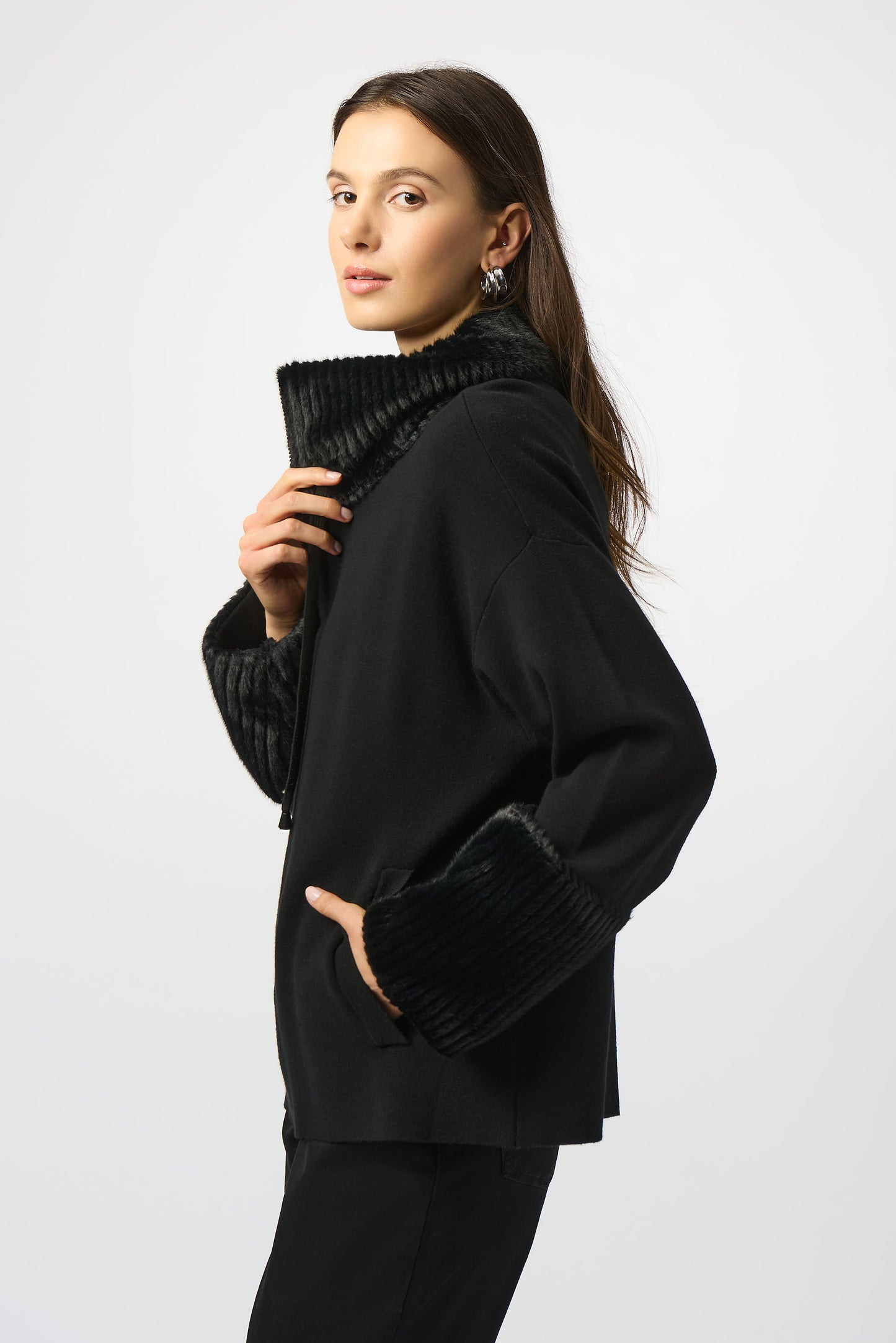 Joseph Ribkoff Sweater Knit Coat With Fur Trim