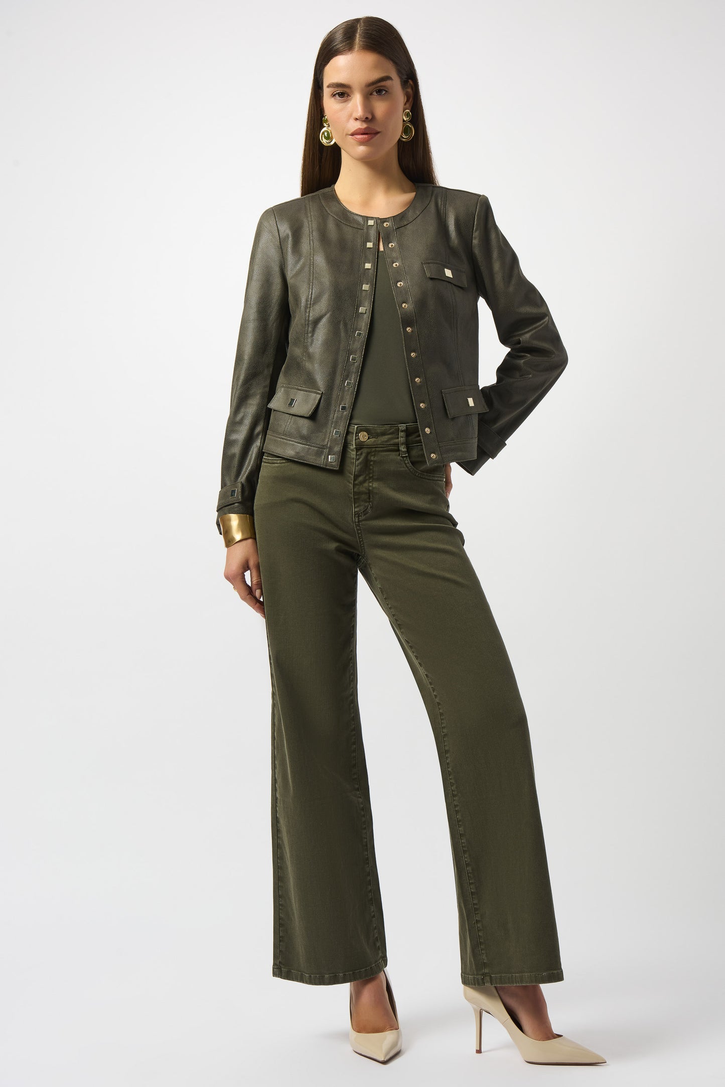 Joseph Ribkoff Foiled Faux Suede Fitted Jacket In Avocado