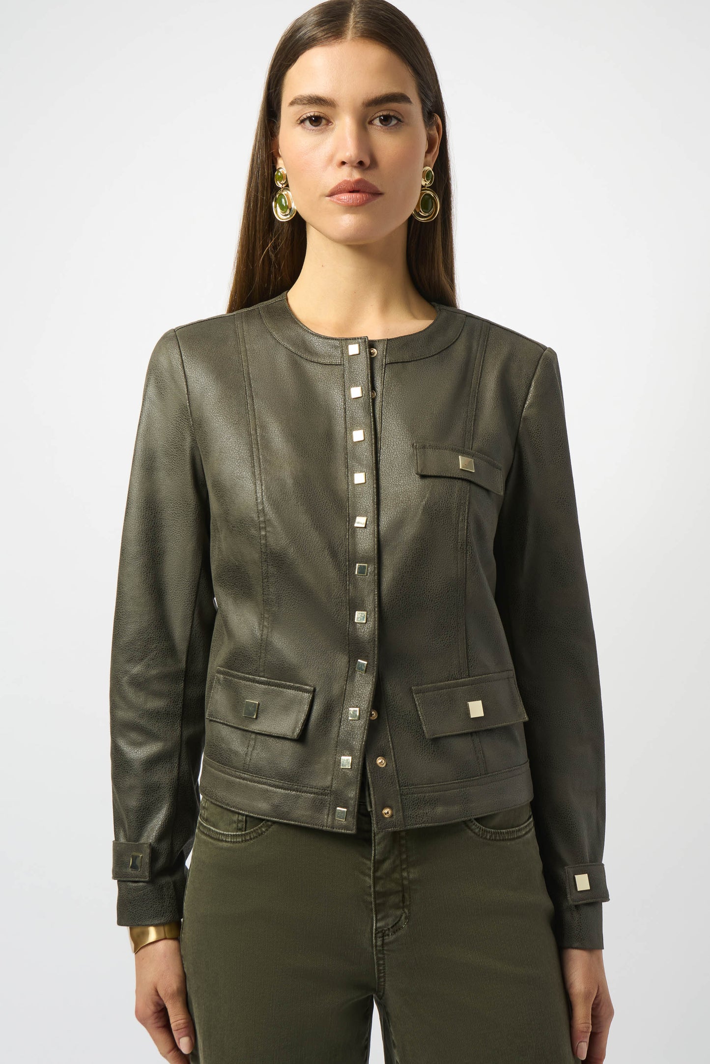 Joseph Ribkoff Foiled Faux Suede Fitted Jacket In Avocado