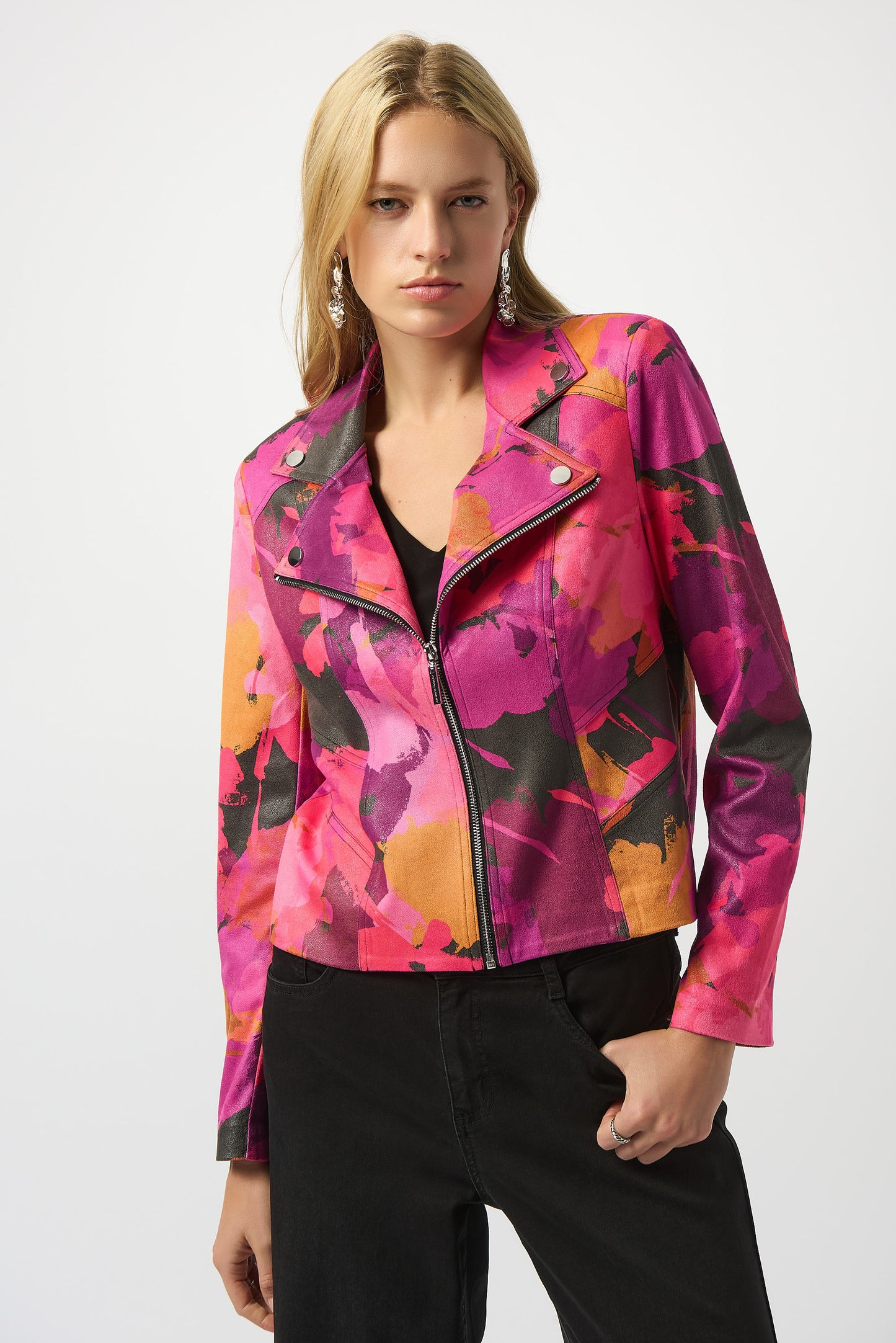 Joseph Ribkoff Foiled Faux Suede Abstract Print Fitted Jacket