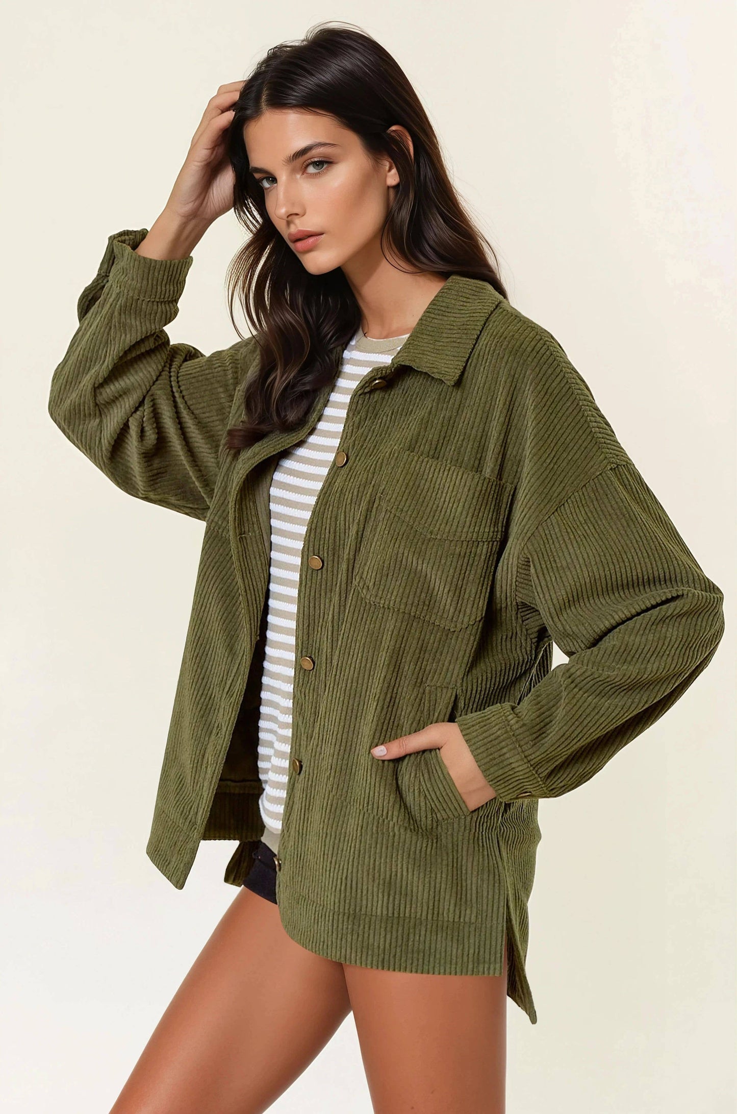 Doe and Rae - Corduroy Front Button Down Oversized Jacket - ARMY