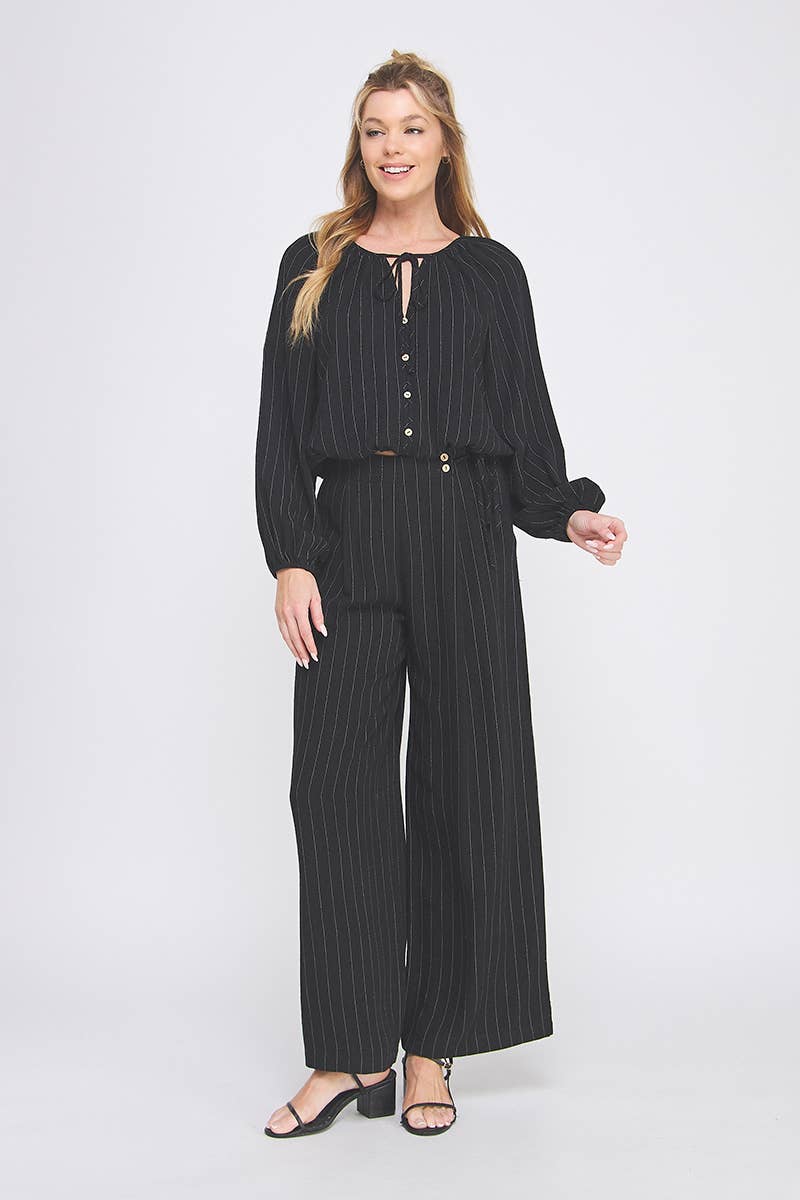 Allie Rose - Pinstripe Soft Linen Wide Leg Pants: Black