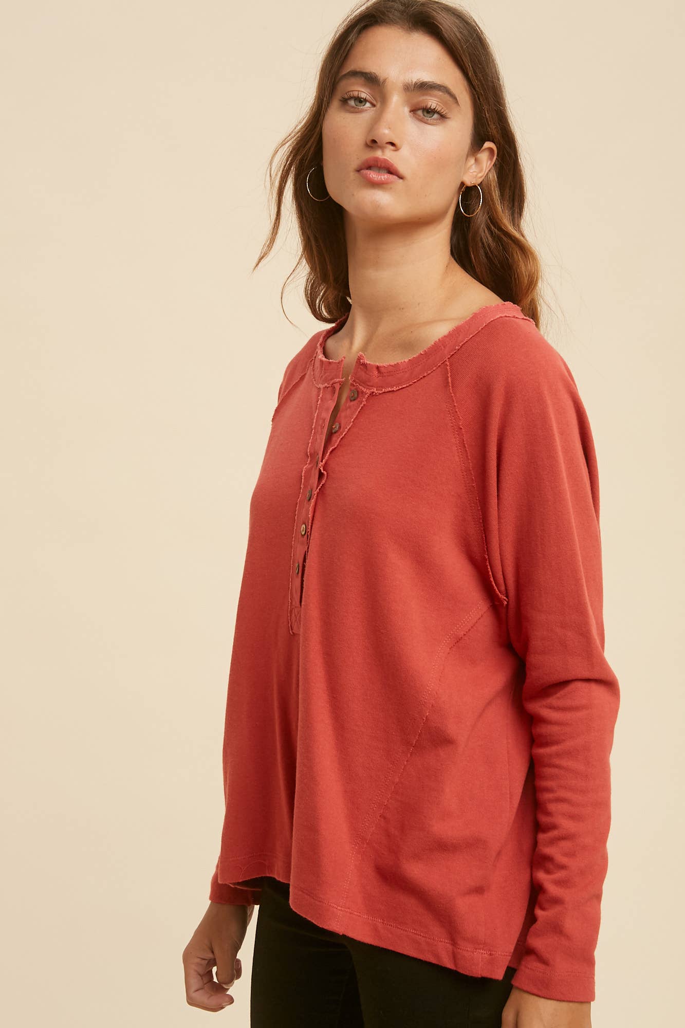 In Loom - FRAYED EDGE LONG SLEEVE HENLEY TOP: BURNT GINGER