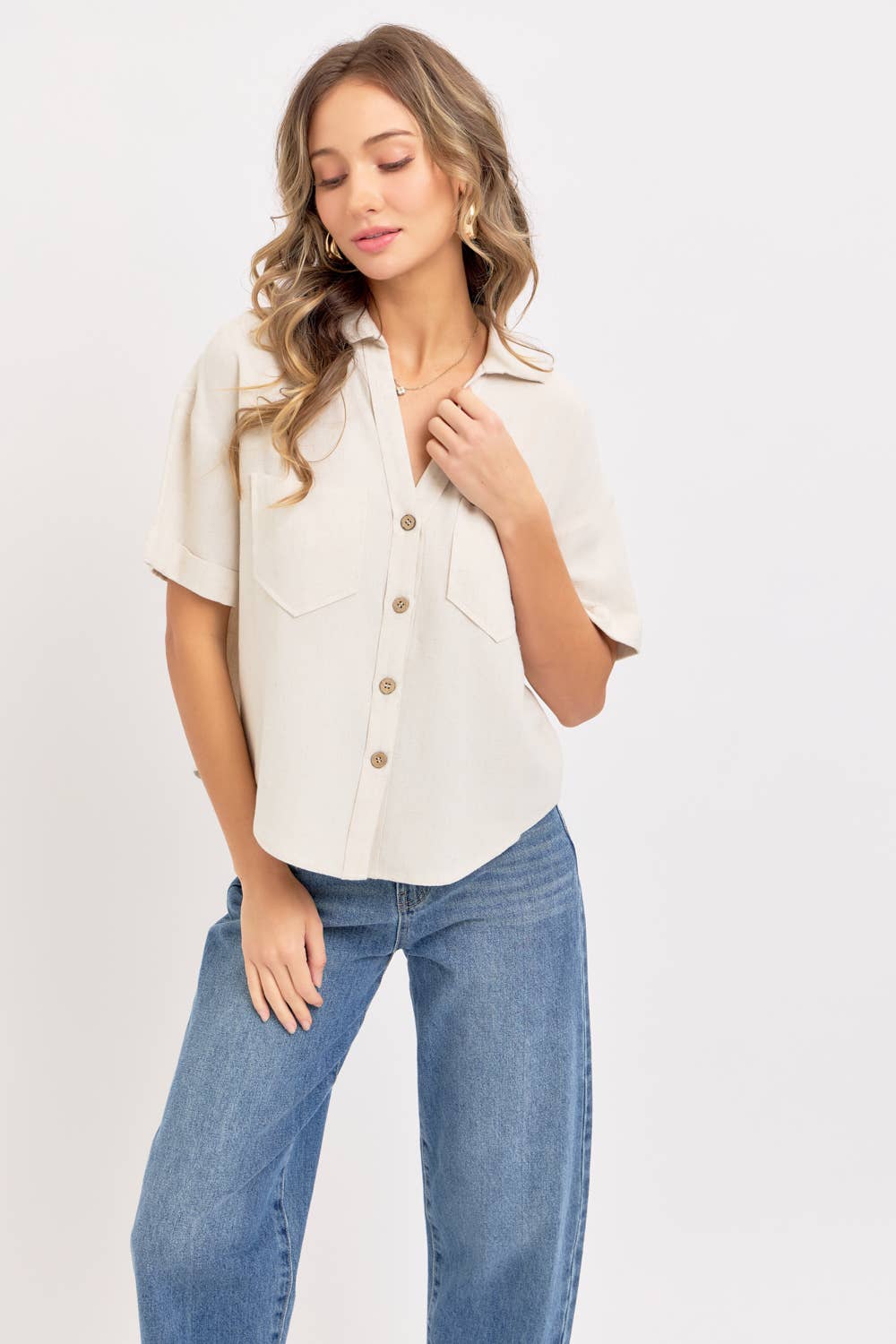 LINEN BLEND CASUAL BUTTON DOWN SHIRT