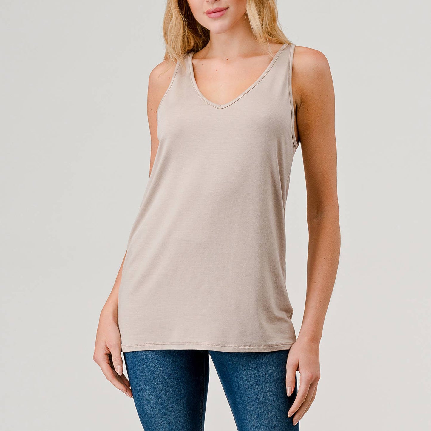 Heimious - Double V-neck Modal Jersey Tank Top LIGHT TAUPE