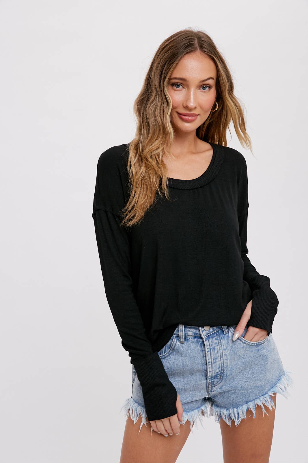 Bluivy - SCOOP NECK CONTRAST SLEEVES TEE: ROSE / L
