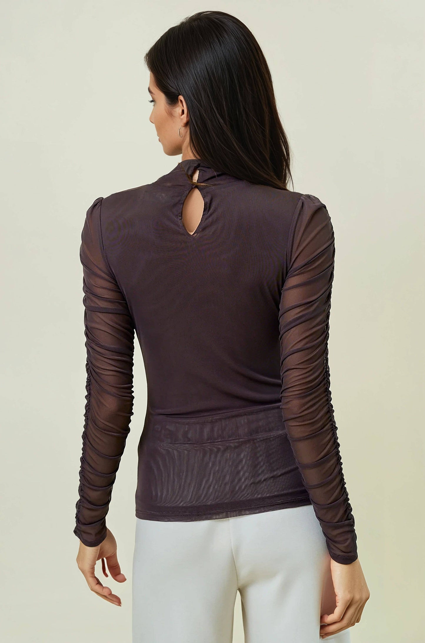 Doe and Rae - SEMI SHEER MOCK NECK LONG SLEEVE TEE - DARK CHOCOLATE