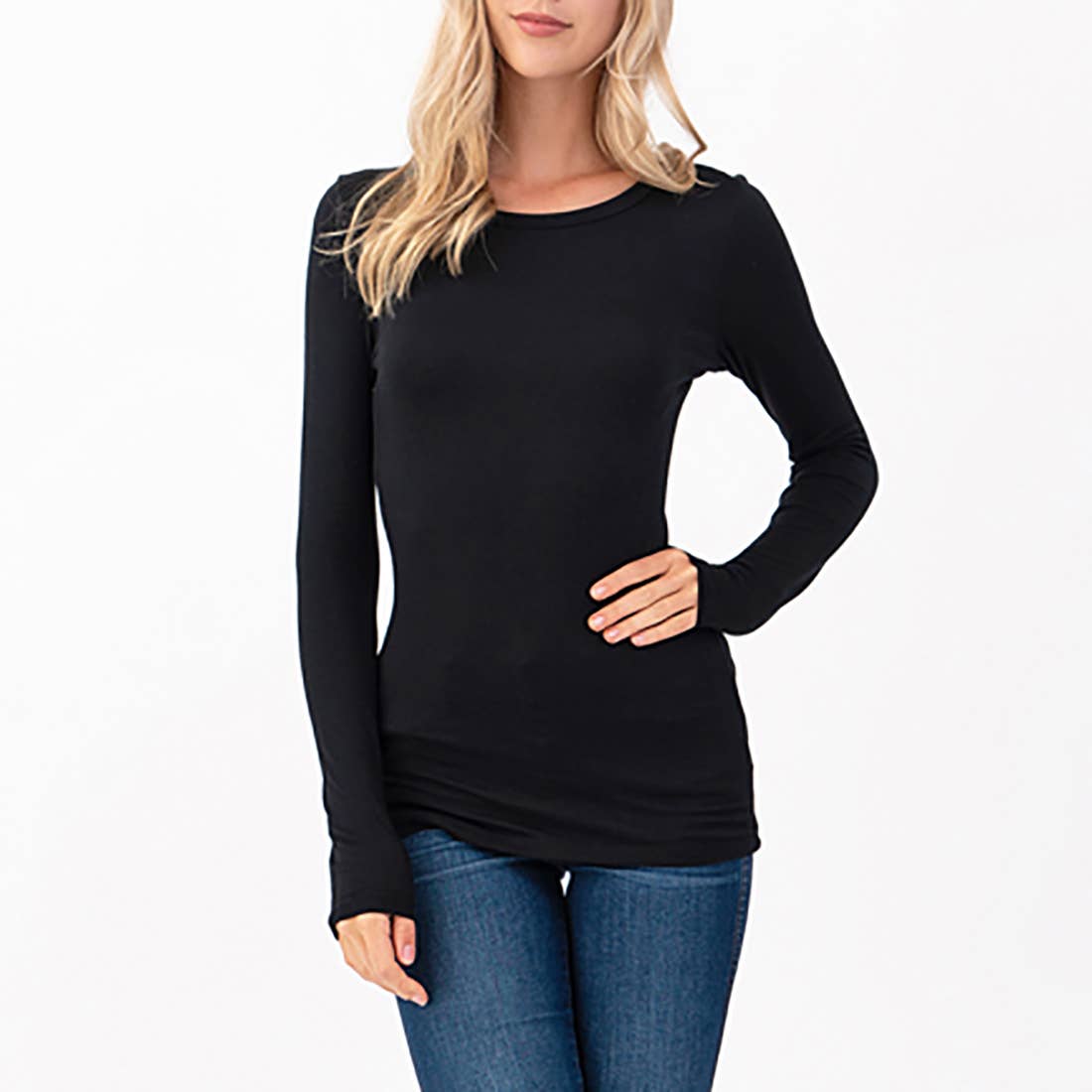 Heimious - Round Neck Long Sleeve Fitted T-Shirt Black