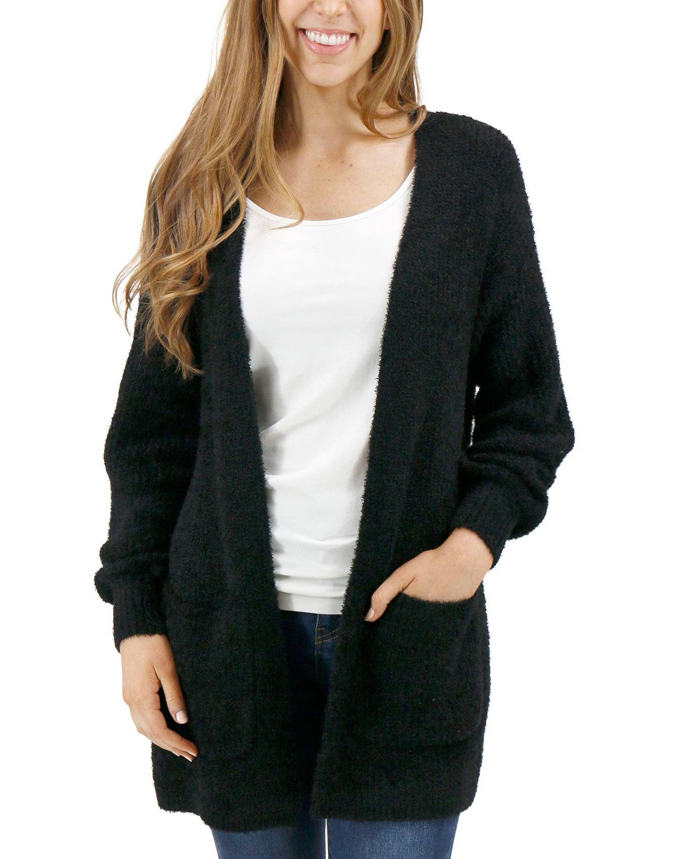 Grace and Lace - Knit Fuzzy Cardigan: Black