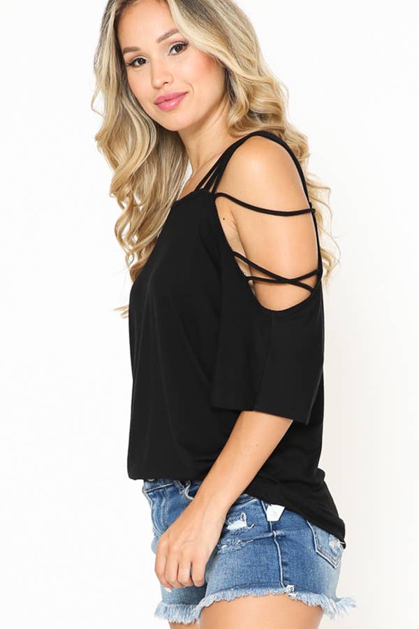 Burgundy Apparel - Off One Shoulder with Strap Detail Top BLACK