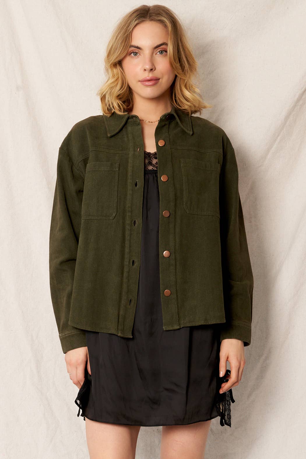 En Crème - Long Sleeve Denim Shirt Jacket: Olive