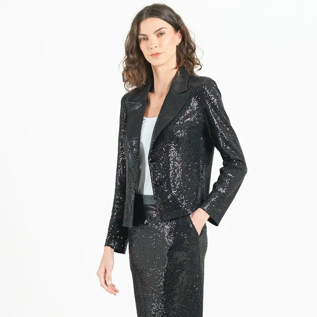 Clara Sunwoo - Sequin Knit - Modern Button Blazer: Gunmetal