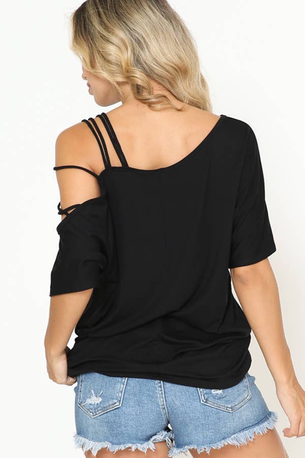 Burgundy Apparel - Off One Shoulder with Strap Detail Top BLACK