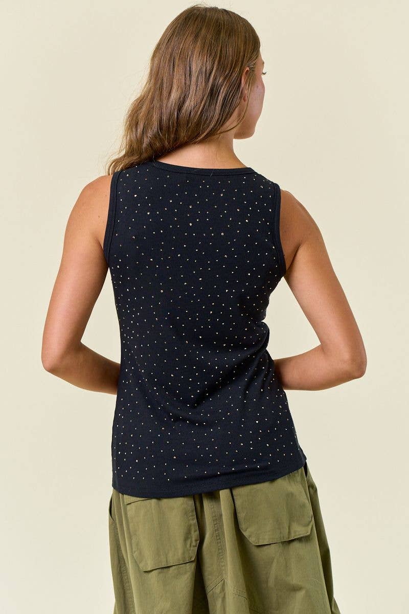 Doe and Rae - RHINESTONE HOTFIX RIBBED RACER TANK - Black