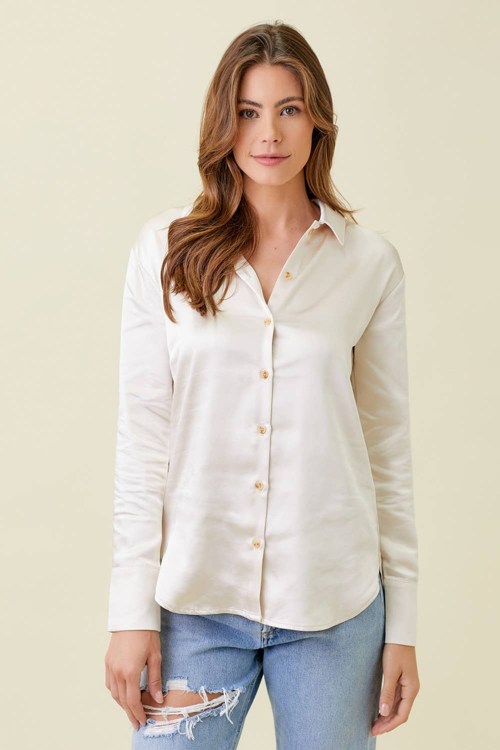 Silky Collared Button Shirt in Ivory Large