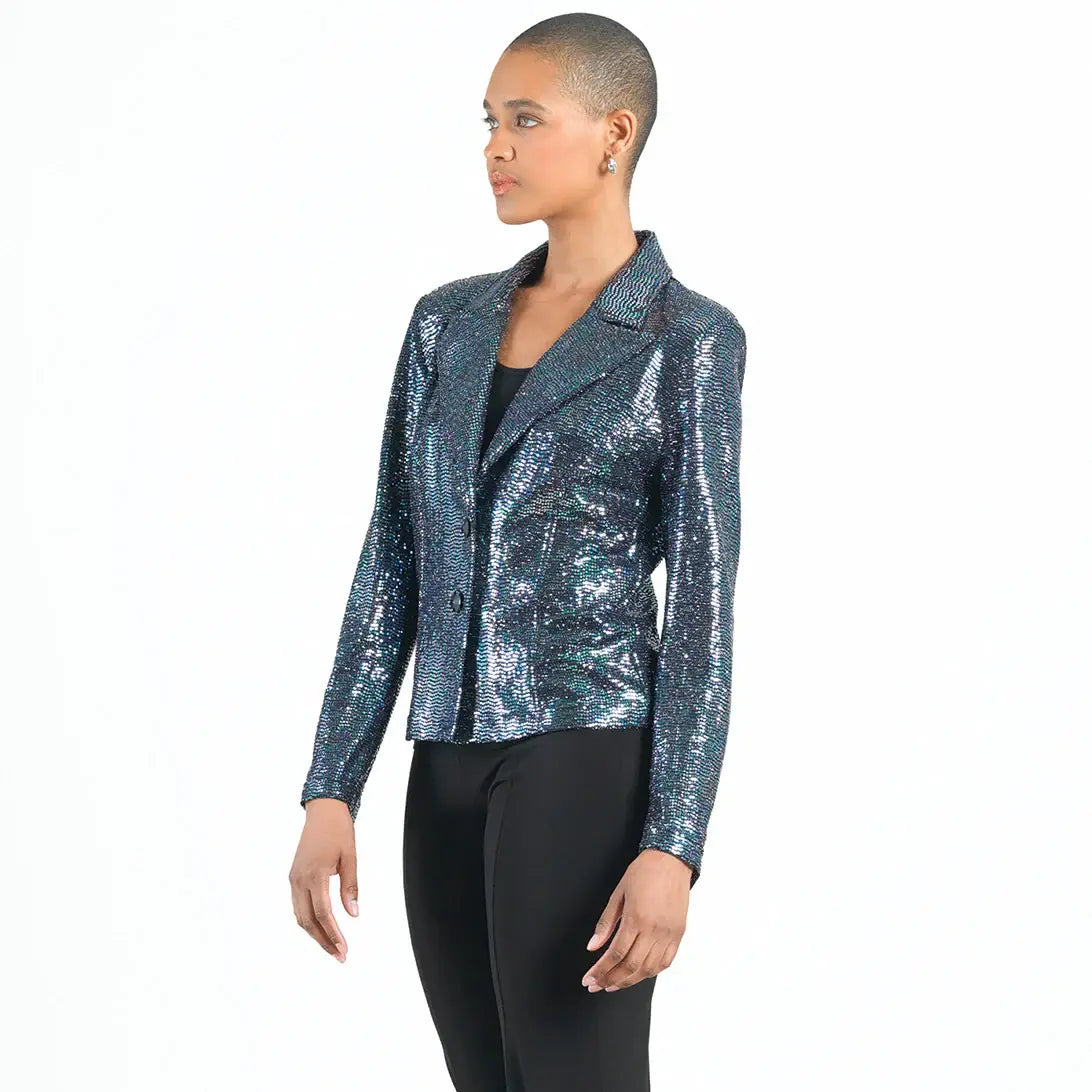 Clara Sunwoo - Sequin Knit - Modern Button Blazer: Gunmetal