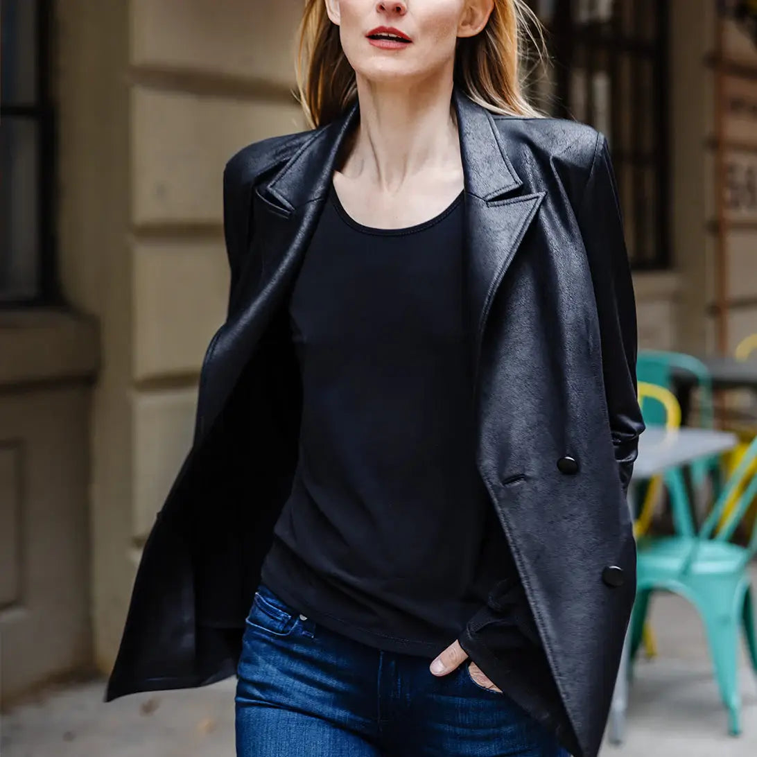 Clara Sunwoo Liquid Leather ™ Double Breasted Blazer: Black