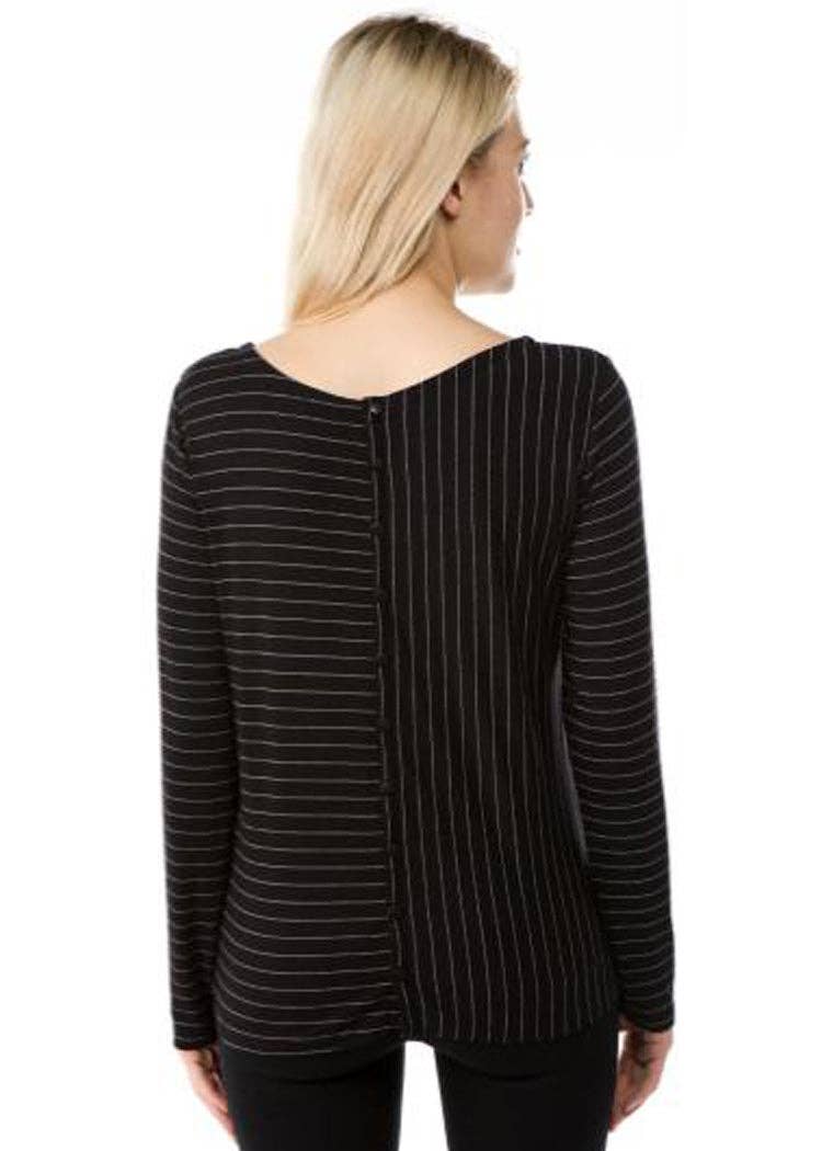 APNY - Long Sleeve Button Back Dot Pinstripe Knit Top: Black/White Stripe / L