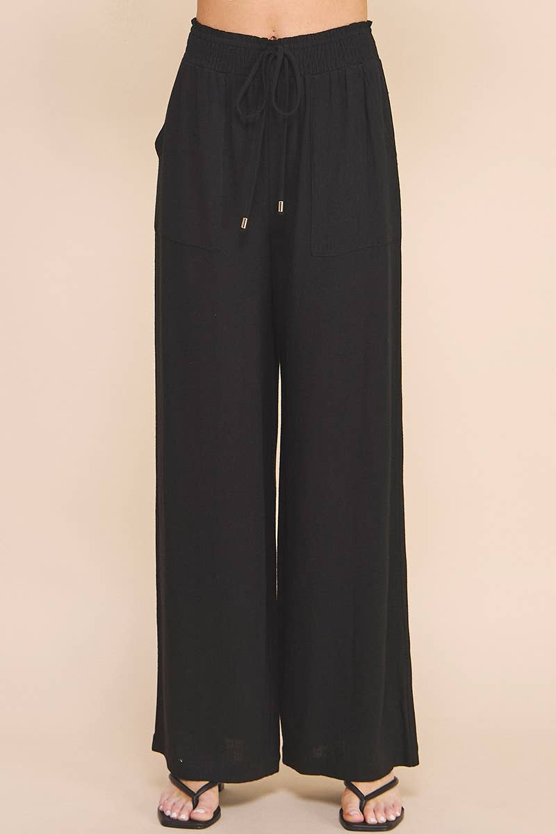 Allie Rose - Soft Linen Wide Leg Pants: Black