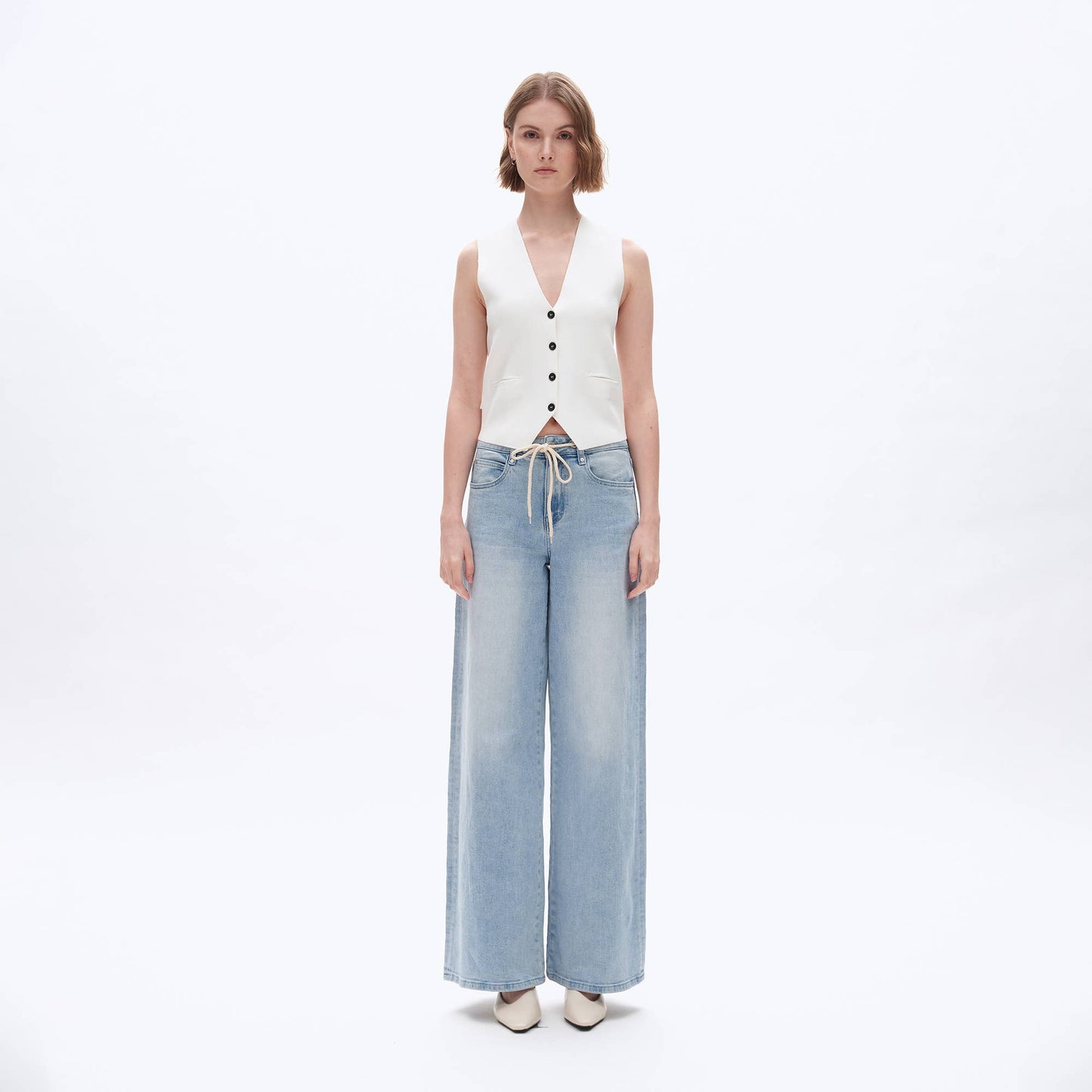 BAYEAS - HIGH RISE DRAWSTRING DENIM JEANS WITH FINISHED HEM LIGHT BLUE