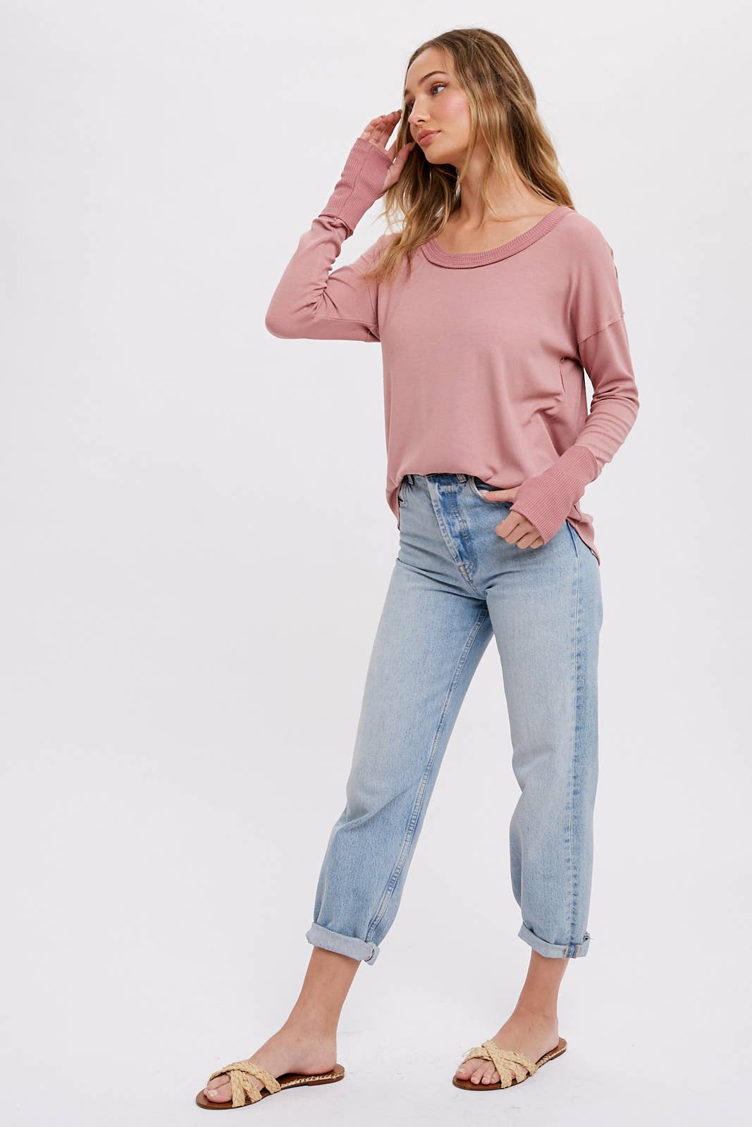 Bluivy - SCOOP NECK CONTRAST SLEEVES TEE: ROSE / L
