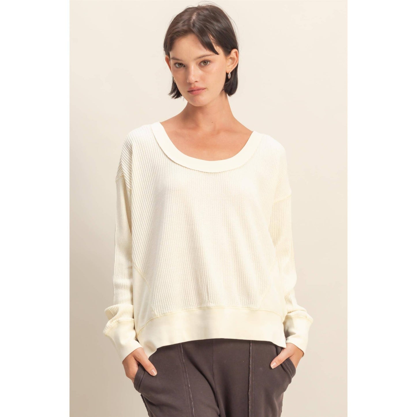 HYFVE - Scoop Neck Waffle Mineral Washed Long Sleeve Top in CREAM