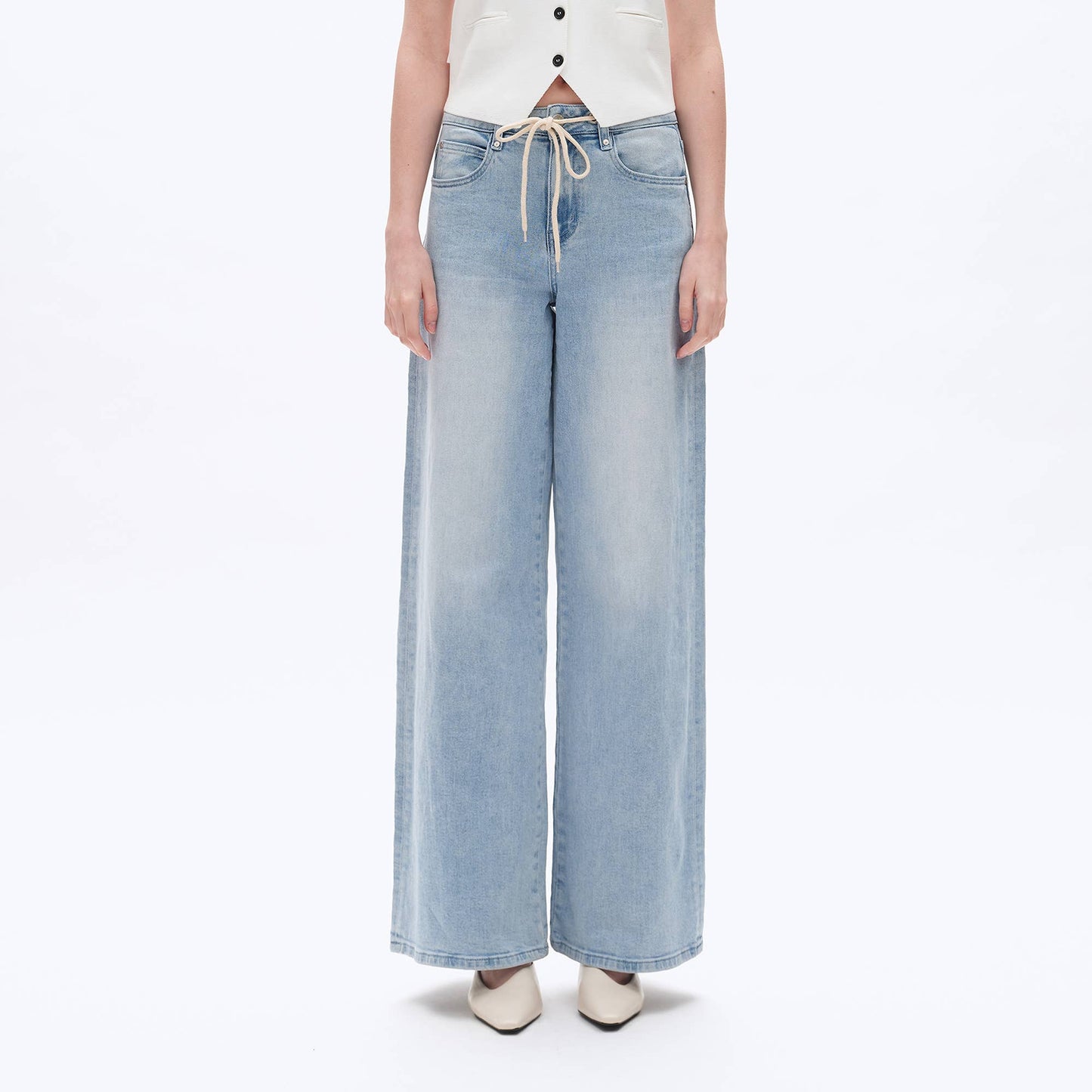 BAYEAS - HIGH RISE DRAWSTRING DENIM JEANS WITH FINISHED HEM LIGHT BLUE