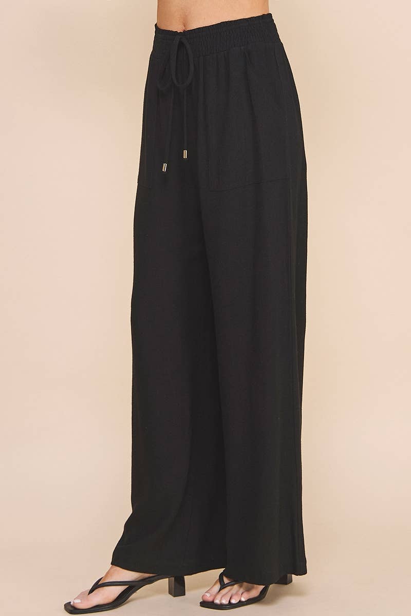 Allie Rose - Soft Linen Wide Leg Pants: Black