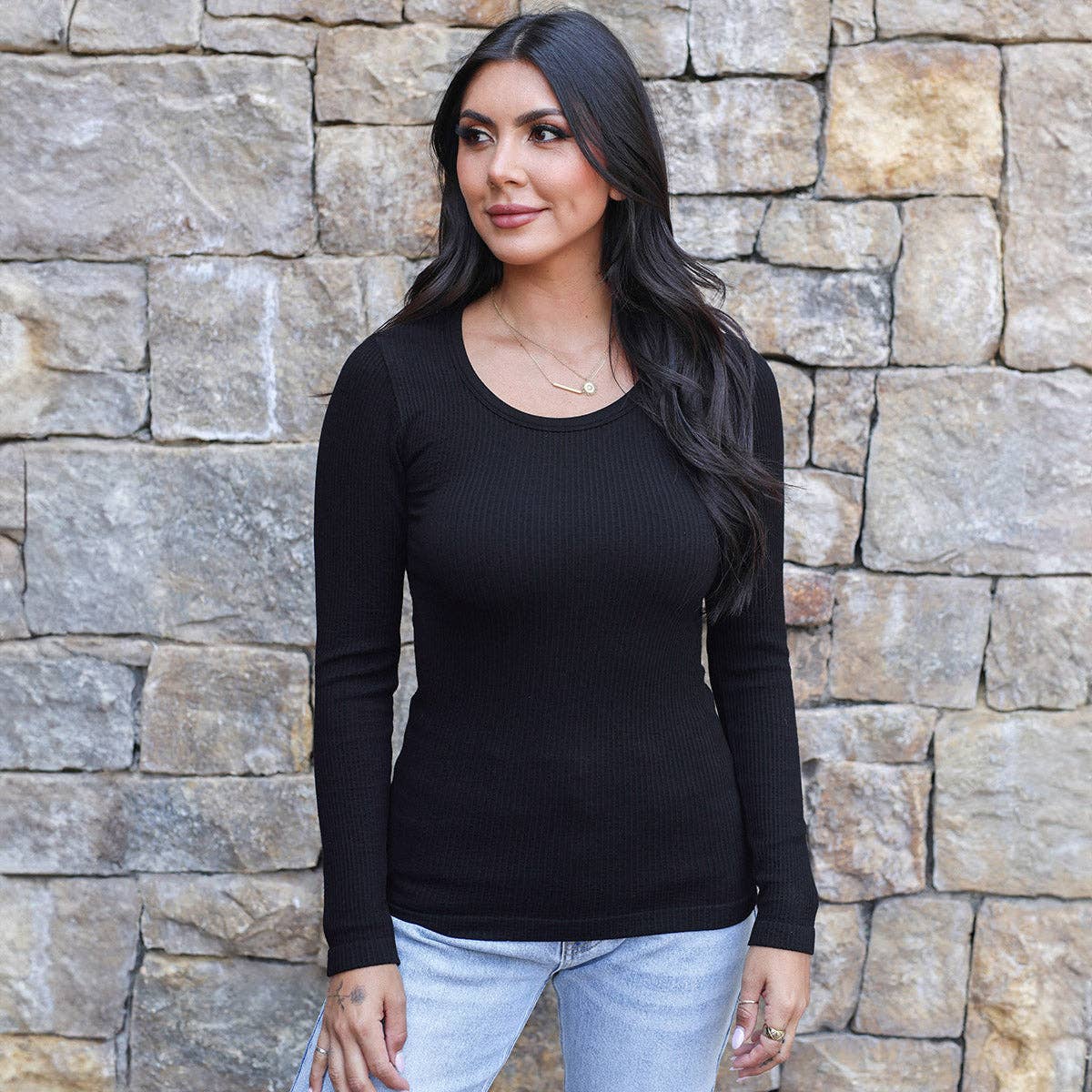 Grace and Lace - Long Length Scoop Neck Long Sleeve Brami in Black: Black