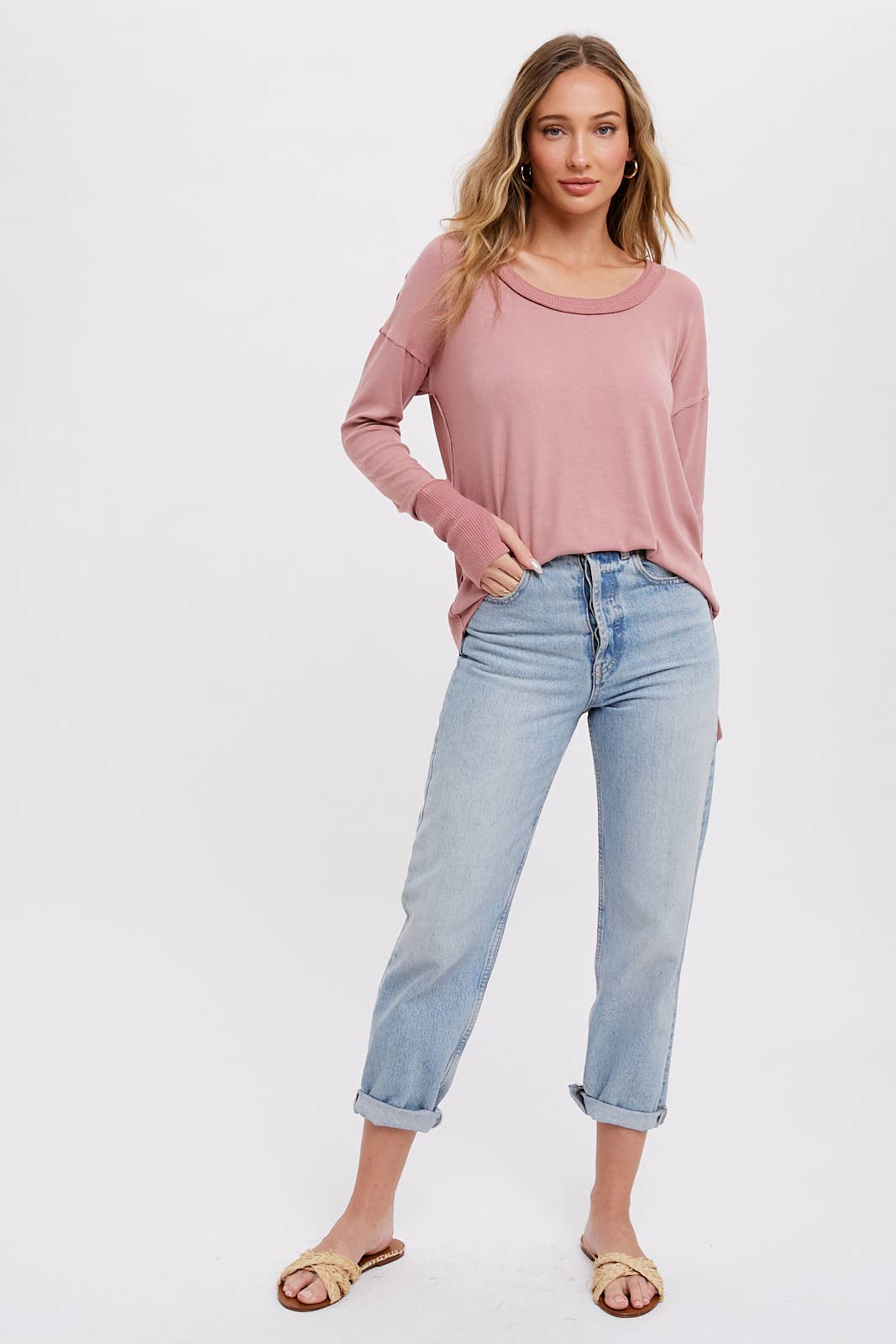 Bluivy - SCOOP NECK CONTRAST SLEEVES TEE: ROSE / L
