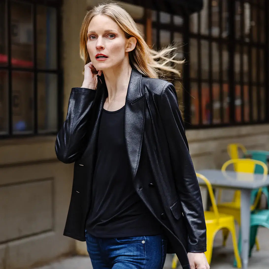 Clara Sunwoo Liquid Leather ™ Double Breasted Blazer: Black