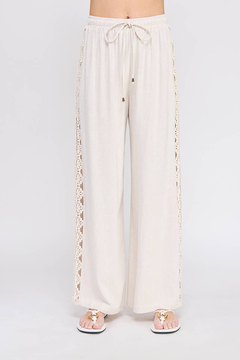 Allie Rose - Linen Blend Elastic Tie-Waist Wide Leg Pant: Natural