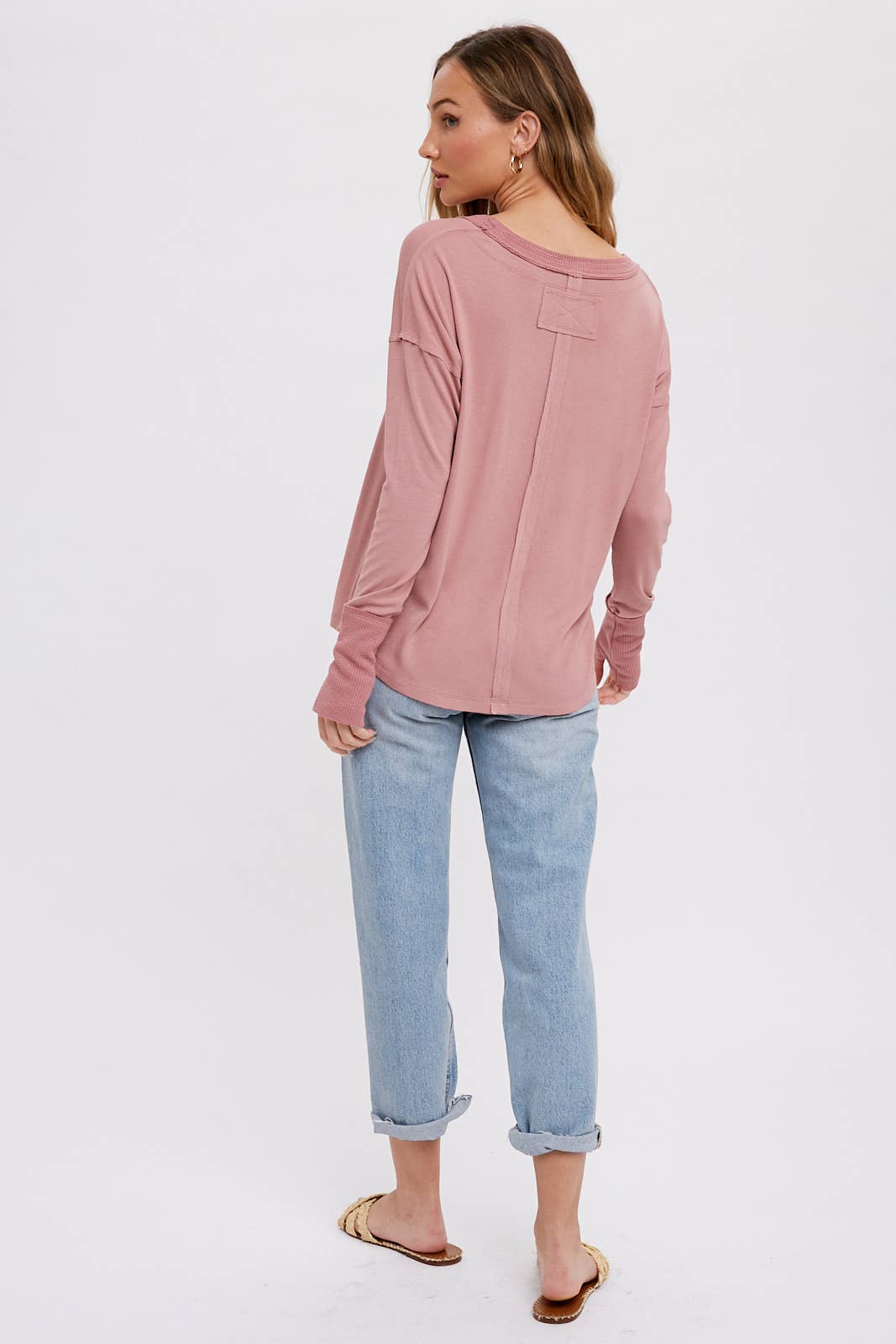 Bluivy - SCOOP NECK CONTRAST SLEEVES TEE: ROSE / L