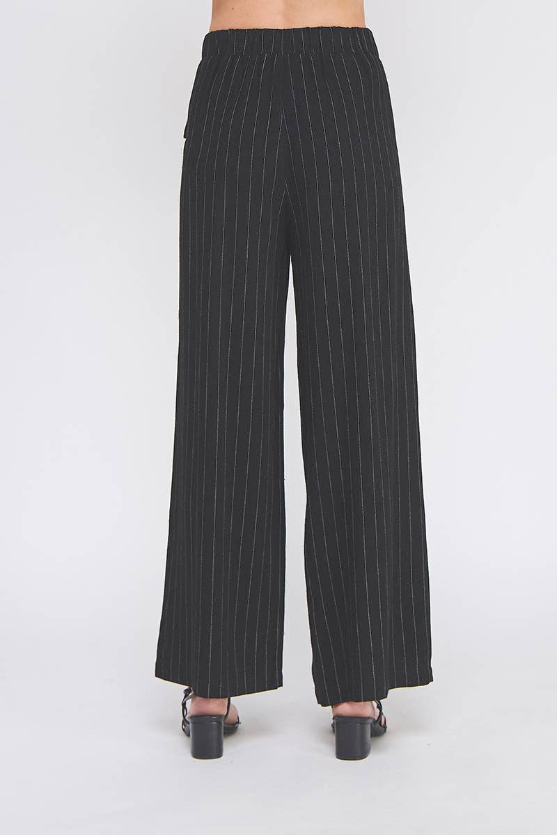 Allie Rose - Pinstripe Soft Linen Wide Leg Pants: Black