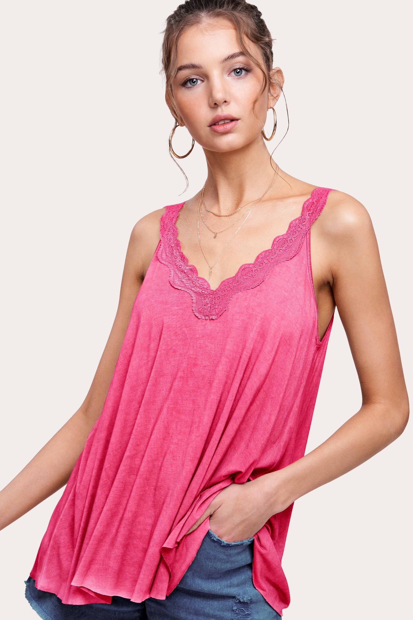 Stretchy Dyed Fabric Back Detailed Lace Camisole: Candy