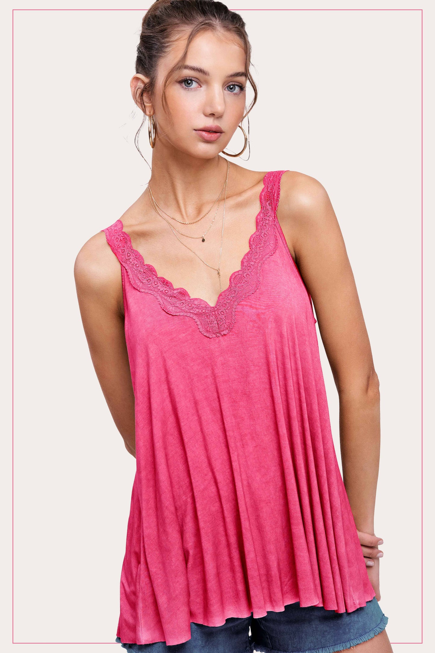 Stretchy Dyed Fabric Back Detailed Lace Camisole: Candy