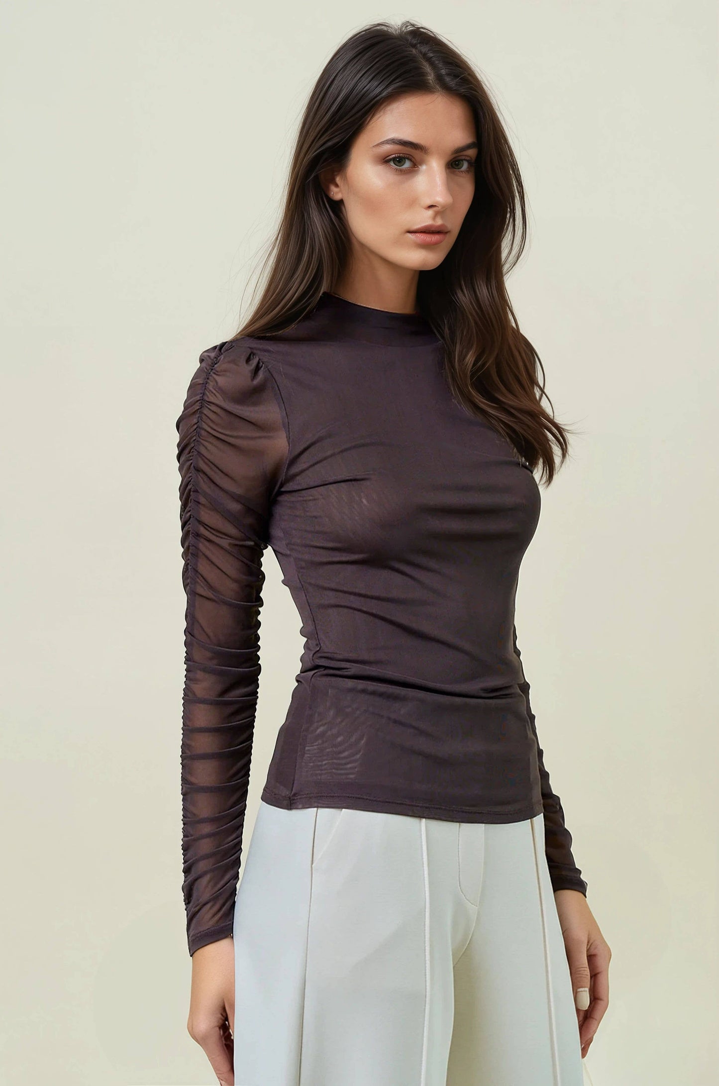 Doe and Rae - SEMI SHEER MOCK NECK LONG SLEEVE TEE - DARK CHOCOLATE