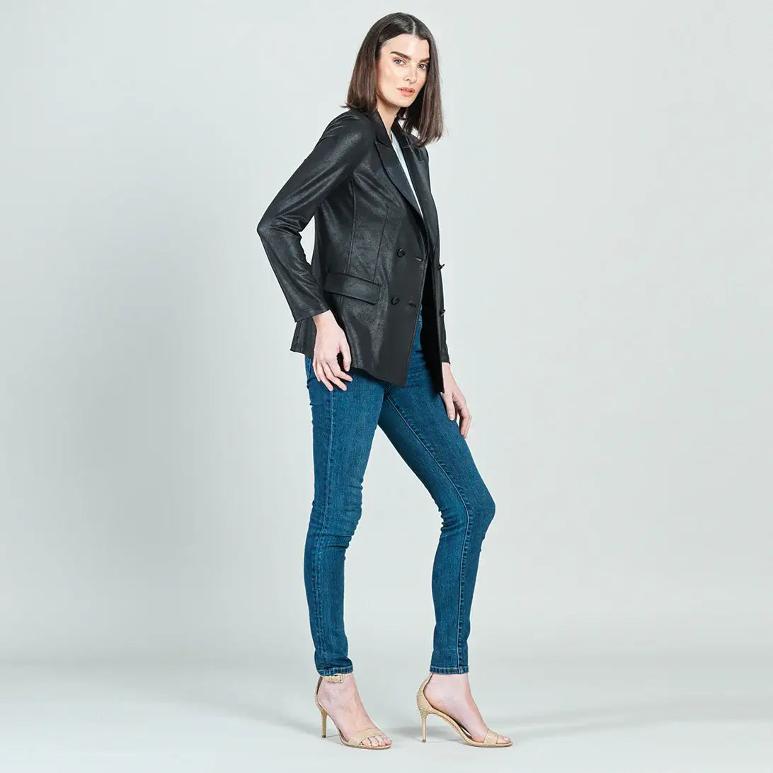 Clara Sunwoo Liquid Leather ™ Double Breasted Blazer: Black