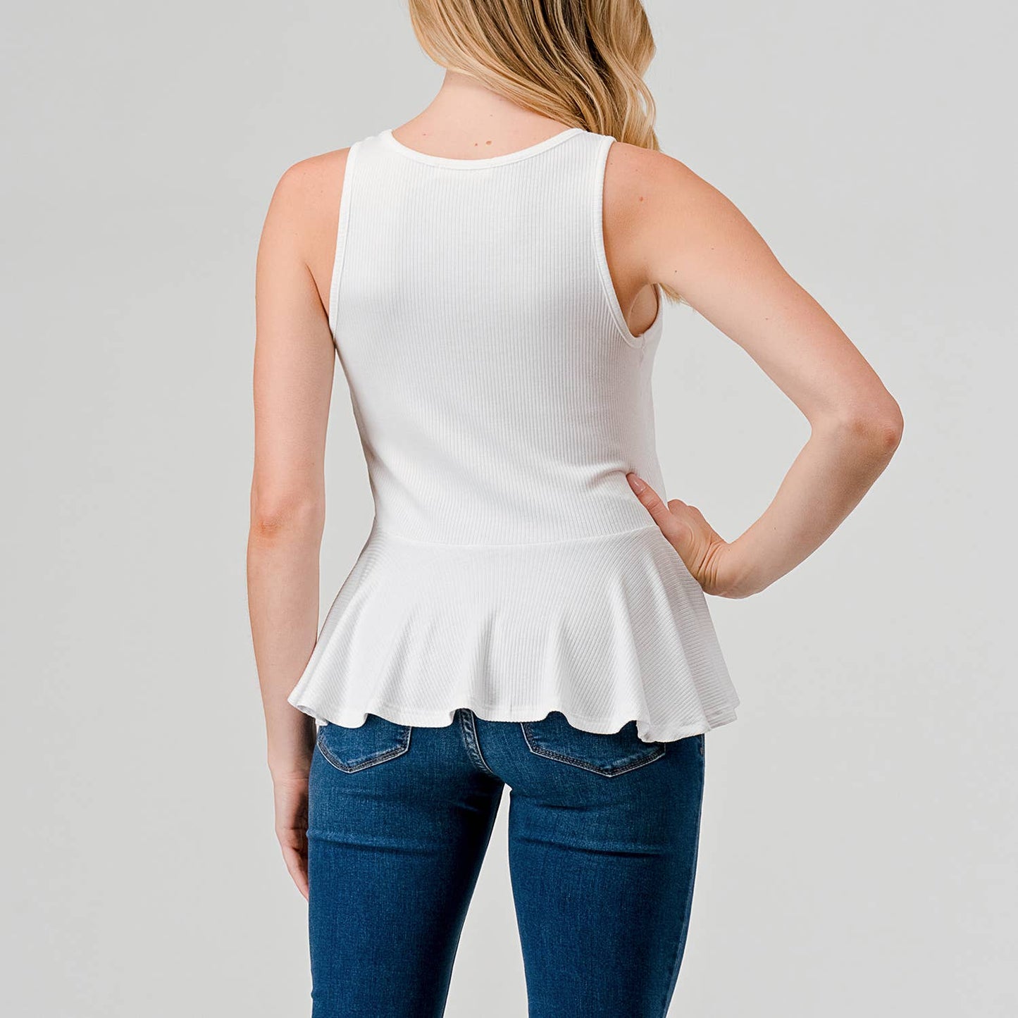 Heimious - Soft V-Neck Fitted Peplum Modal Rib Tank Top in WHITE
