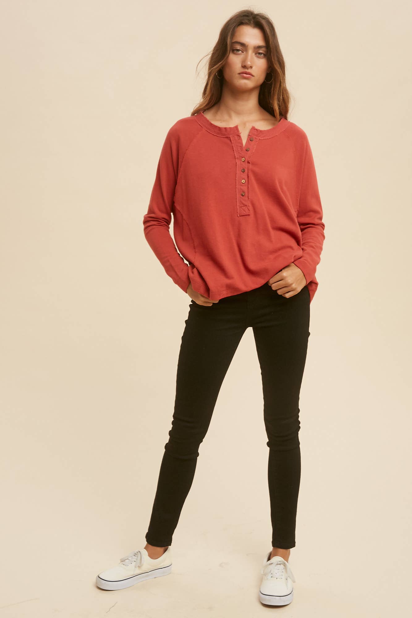 In Loom - FRAYED EDGE LONG SLEEVE HENLEY TOP: BURNT GINGER