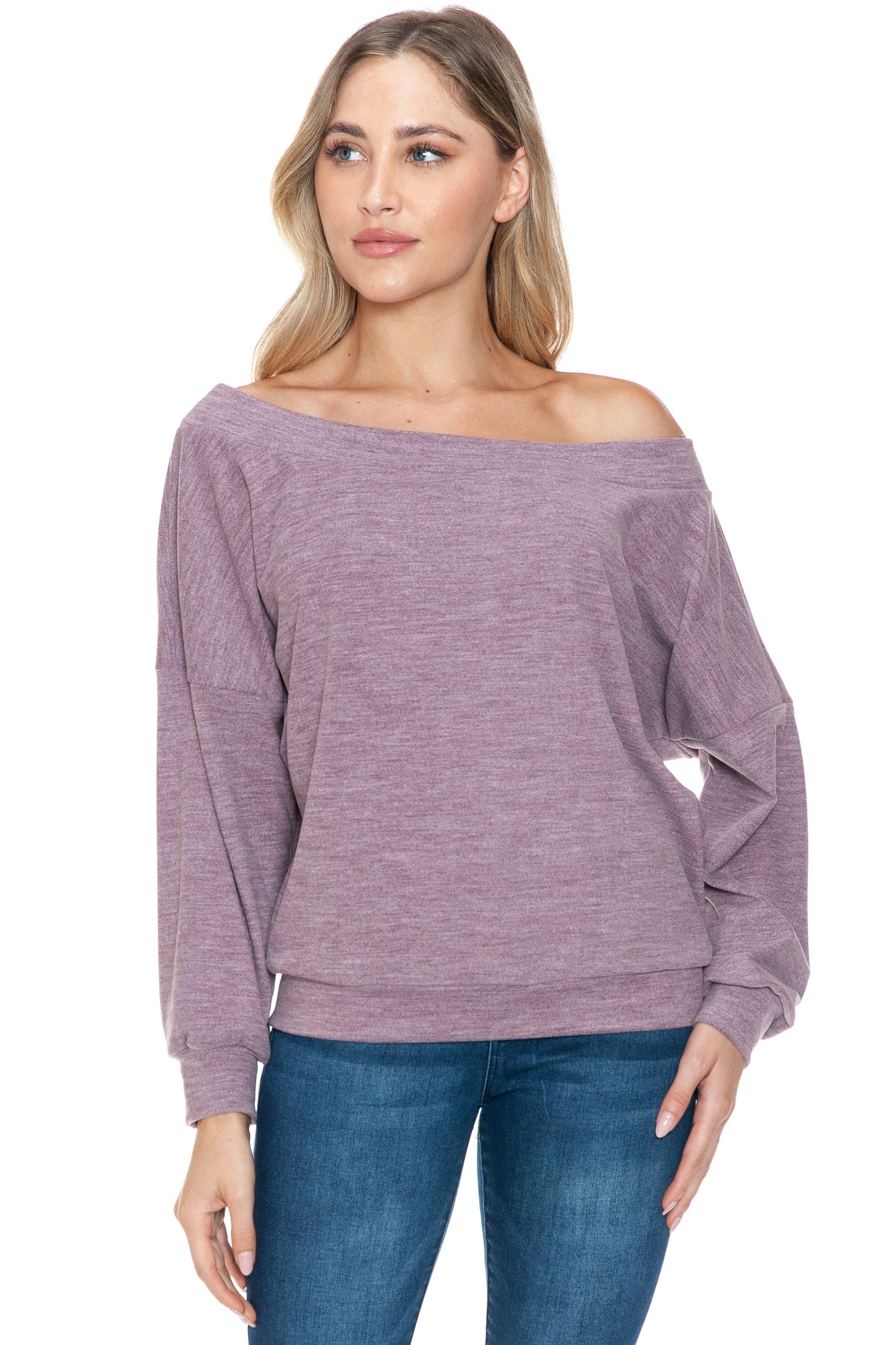 Long Sleeve Off The Shoulder Super Soft Top in Mauve